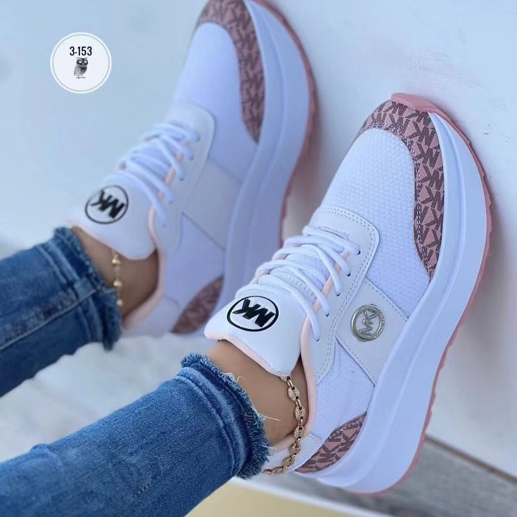Large size fashion flat bottom color blocking round head casual sneakers women fall and winter new front lace-up single shoes