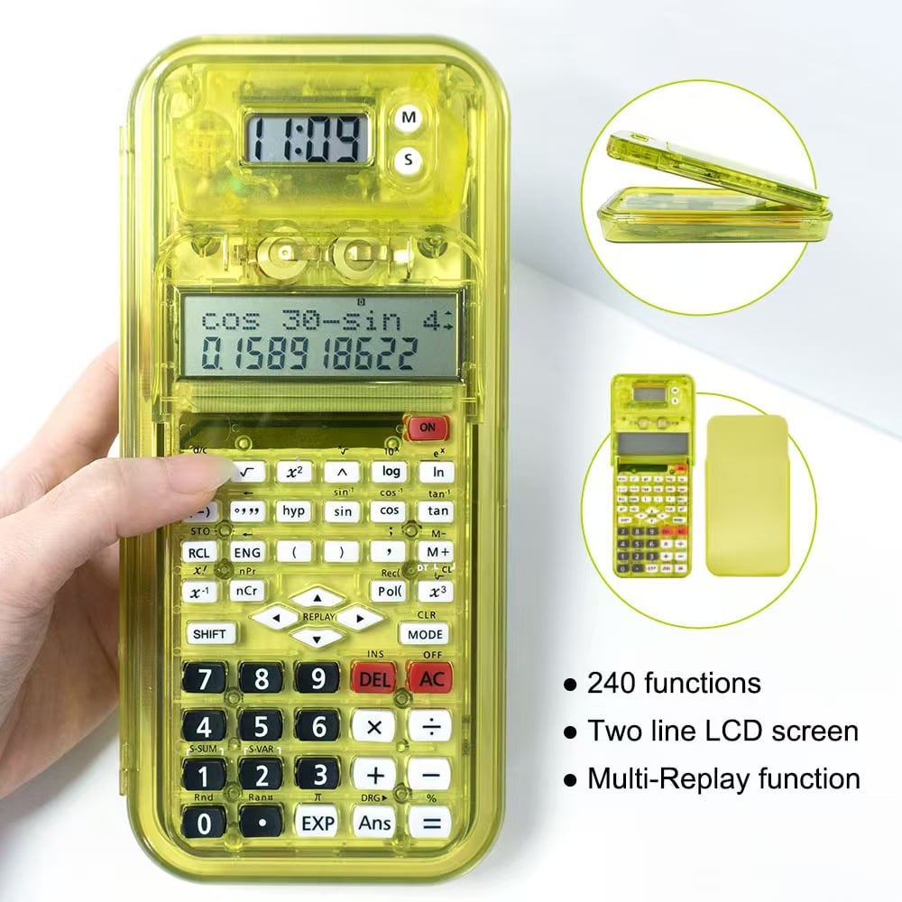 Scientific Computer 82MS Function Calculator Student Transparent Stationery Case Pencil Case Multifunctional Clock