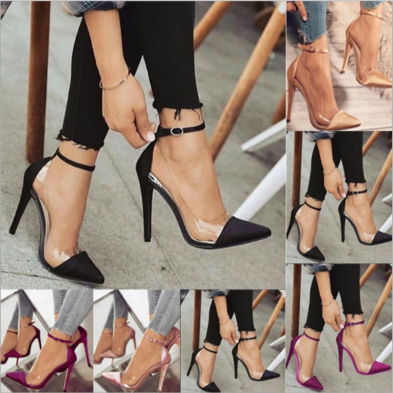 2023 European and American new style high heels pointed toe color matching belt buckle fashion ladies single shoes