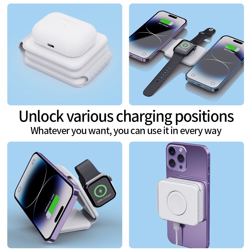 3 In 1 Magnetic Wireless Charger Pad Stand Foldable for iPhone 14 13 12 11 X Apple Watch AirPods 15W Fast Charging Dock Station
