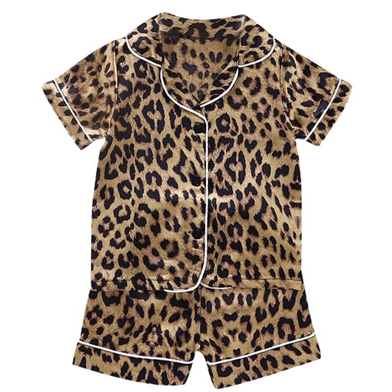 Children's pajamas suit boys and girls ice silk satin cartoon print home service single-breasted short-sleeved cover