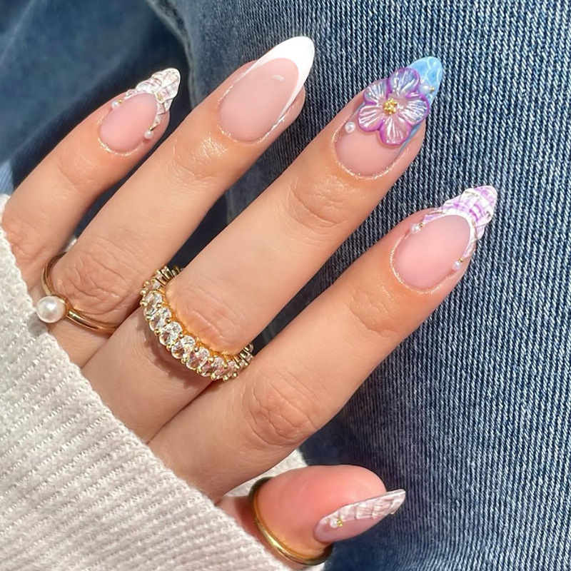 24Pcs Press on Nails Almond False Nails 3D Curves Acrylic Fake Nails with Charms Wearable Artificial Nails