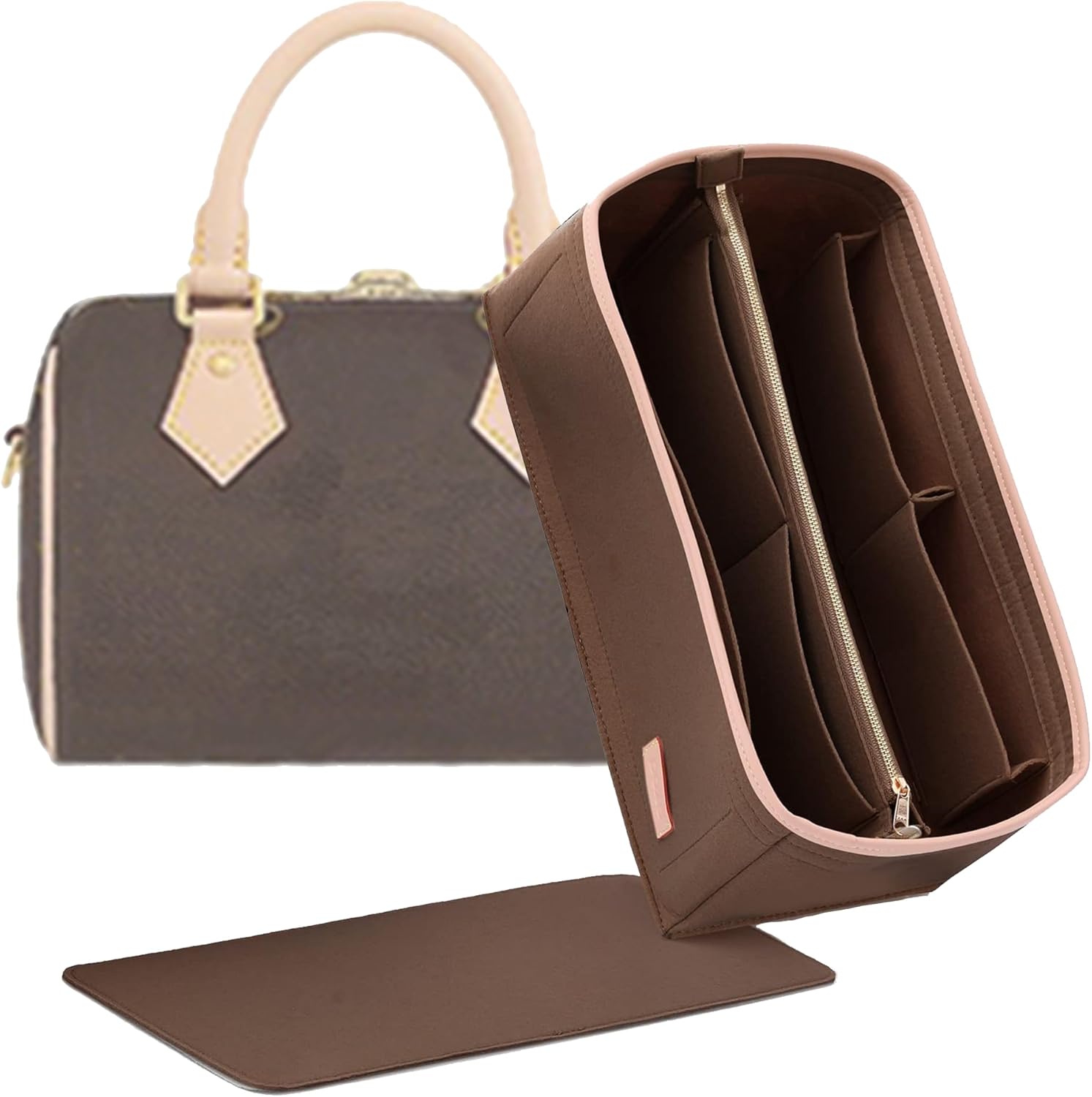 Doxo Purse Organizer Insert for Handbags & Base Shaper 2pc Set with Zipper, Felt Bag Organizer for Tote, Purse Organizer for LV Speedy 25/30/35 Neverf