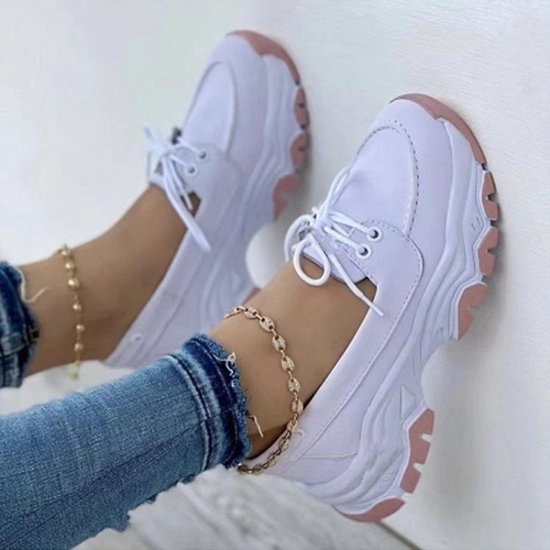 Cross border foreign trade large casual single shoe women's 2023 thick sole front tie up middle heel flat bottom round toe polyu