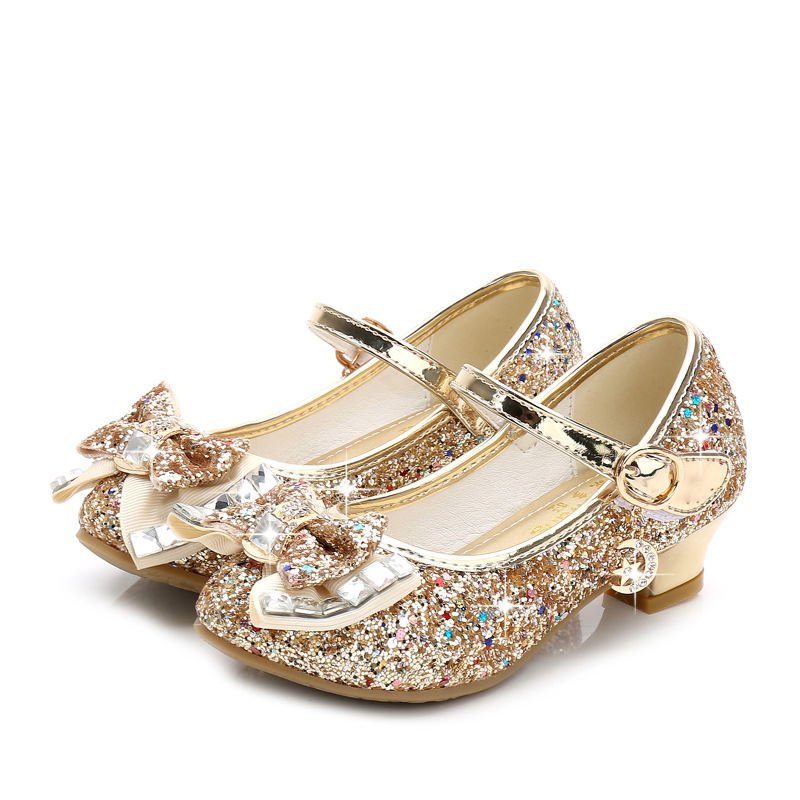 Princess Children's Leather Shoes Girls Flowers Casual Sequins Children's High Heels Girls' Shoes Bowknot Blue Pink Silver