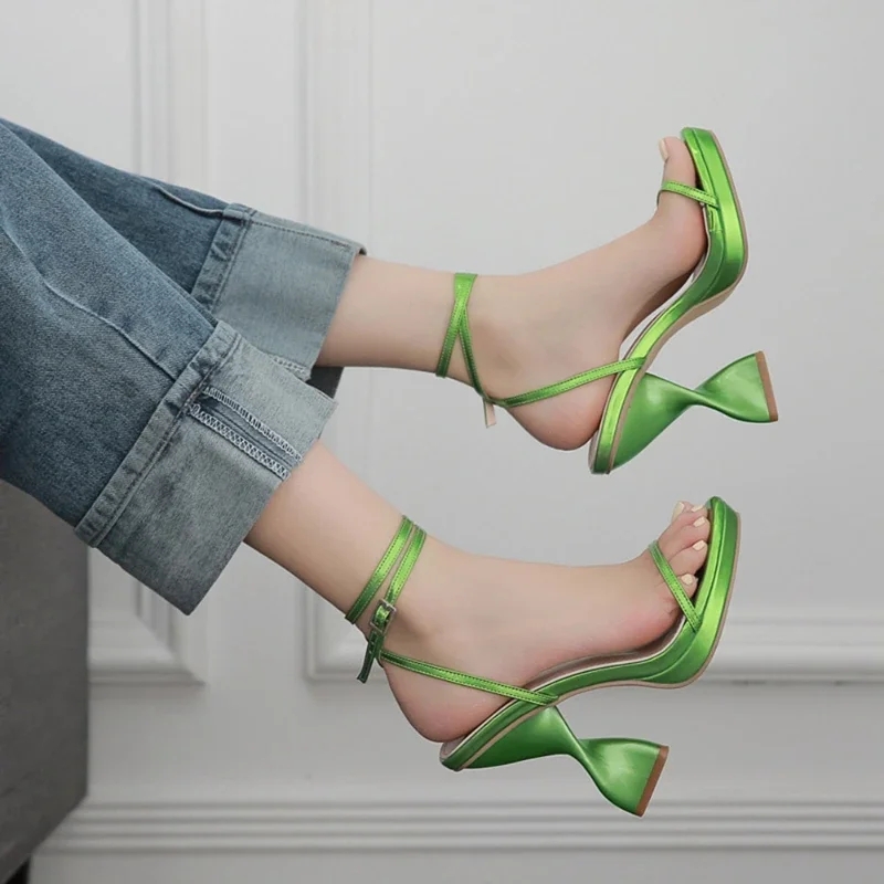 Women's Heels Strappy Platform Shoes Open Toe Sandals Spiral Heel 2024 Summer New Branded Design Sandals Gold Plus Size Ladies