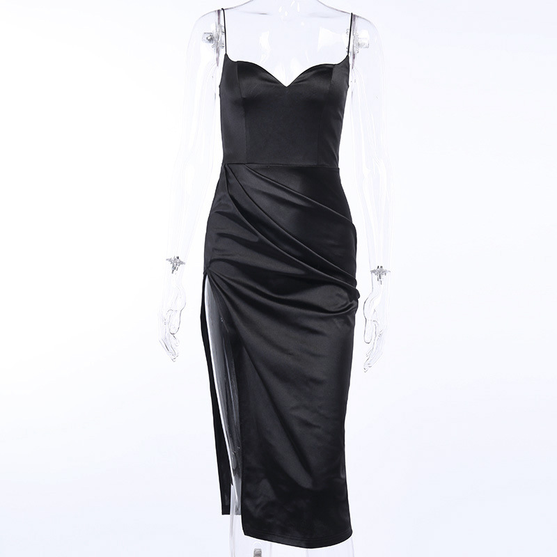 1313 Spaghetti Straps Black Sexy Backless Midi Dresses Gown Party Club Sleeveless Bodycon Split Dress Vestidos Solid