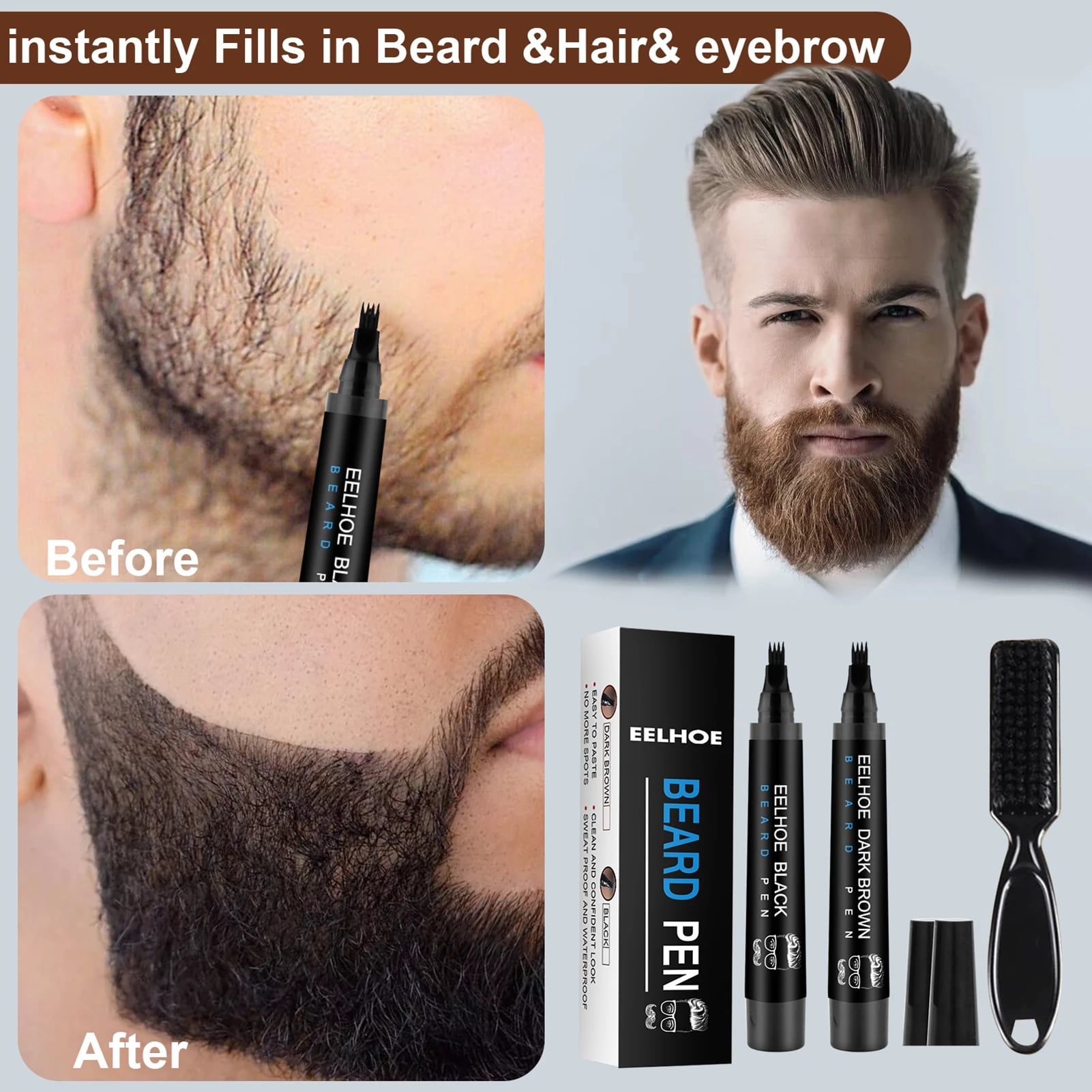 EELHOE Wild Bristle Lastics Care Brush Four Forks Head Beard Filler Pen Suit