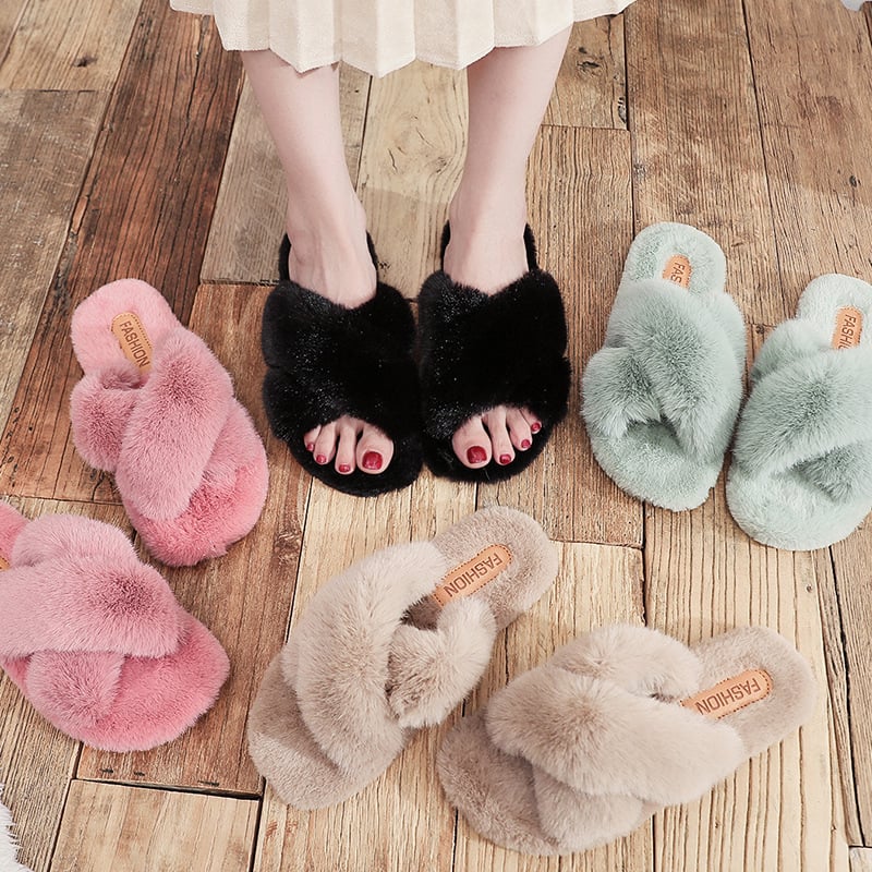 Women's Cross Strap Flat Fuzzy Slippers Solid Color Open Toe Warm Comfy Slides Shoes Indoor Cozy Shoes