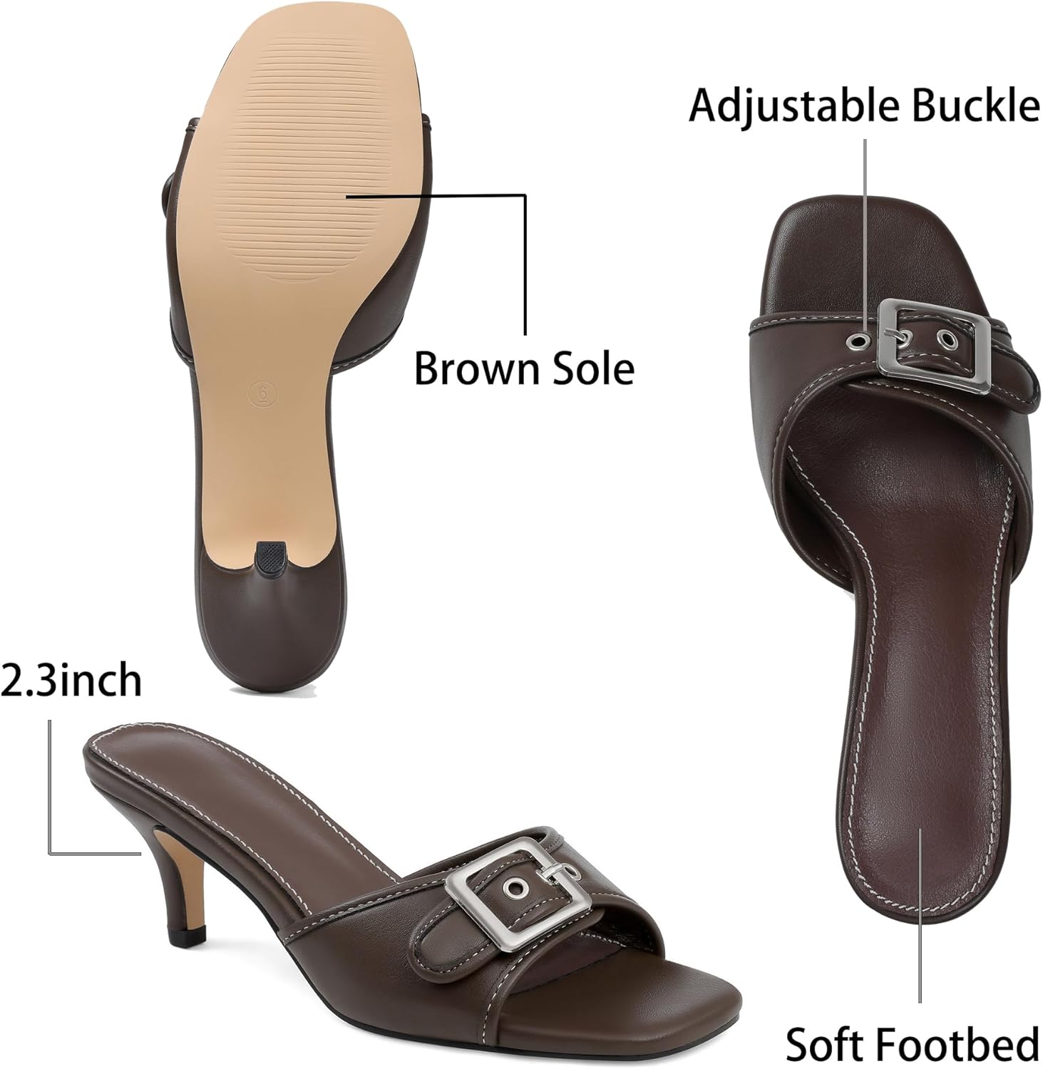 Lovee Cosee Kitten Heels Sandals for Women Square Open Toe Low Heel Slip On Buckle Strap Heeled Sandals Comfortable Walking Party Office Work Outfit