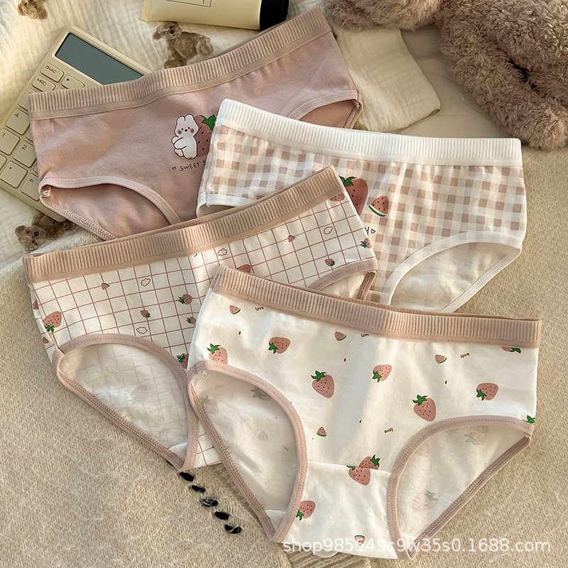 5PCS Kids Girls Cotton Soft Antibacterial Briefs Baby Cute Strawberry Print Panties 2+y Young Children Thin Breathable Underwea