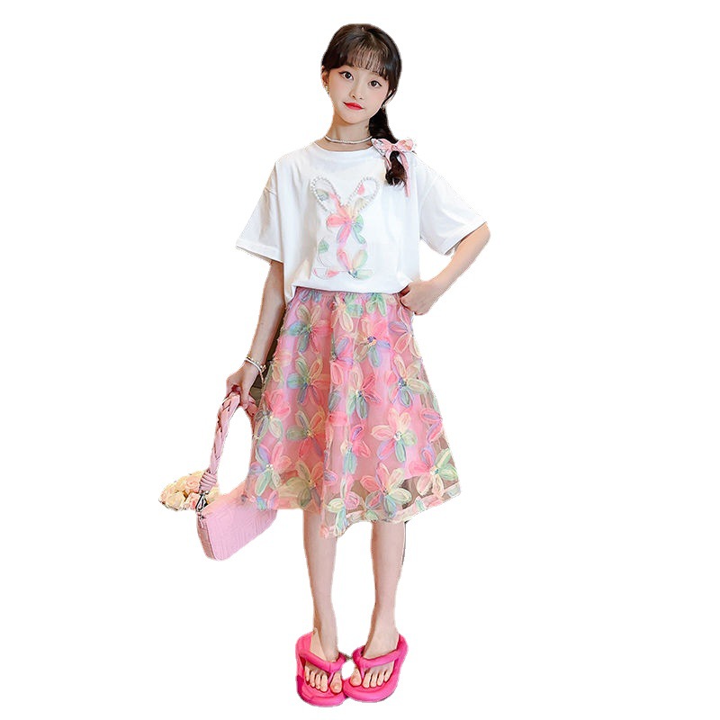 Girls' fashionable short sleeved fried street embroidered skirt set, summer girls' two-piece clothing set