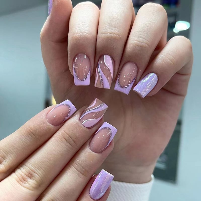 24PCS French Tip Press on Acrylic Nails with Designs Extra Long Coffin Reusable Adhesive False Nails Press-on