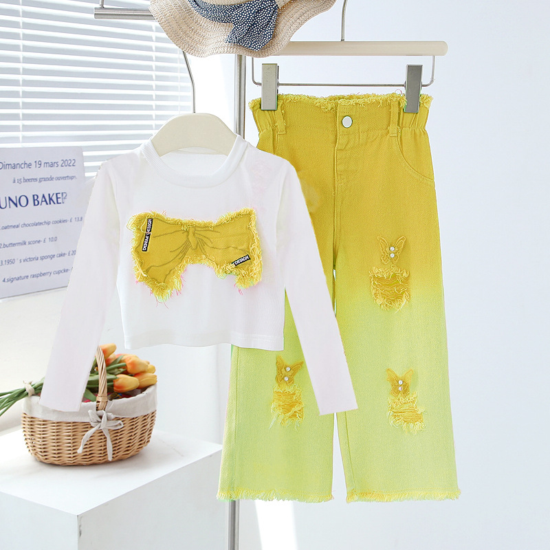 Girls' spring and autumn suits, children's long-sleeved ripped jeans, two-piece set, medium and large children's girls' suits
