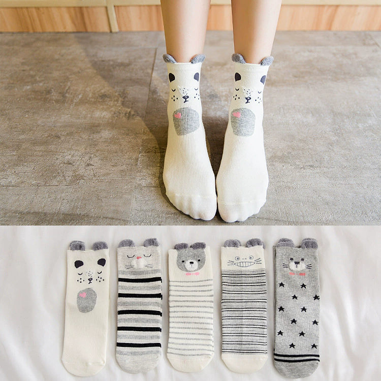 5 pairs pack women socks The Stereo ear cartoon animals happy funny cotton cute socks Feather yarn socks