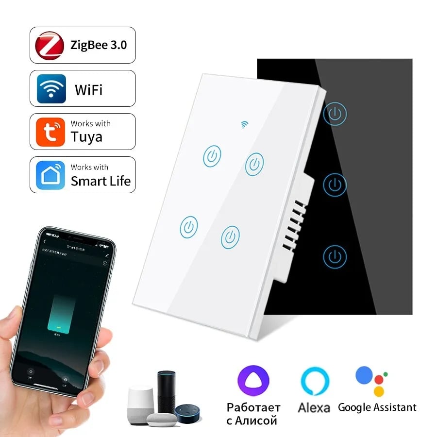 Zigbee WiFi Wall Touch Light Switch Control Smart Life 110V 220V Interruptor Tuya Bluetooth Alexa Google Home 4 Gang 10A