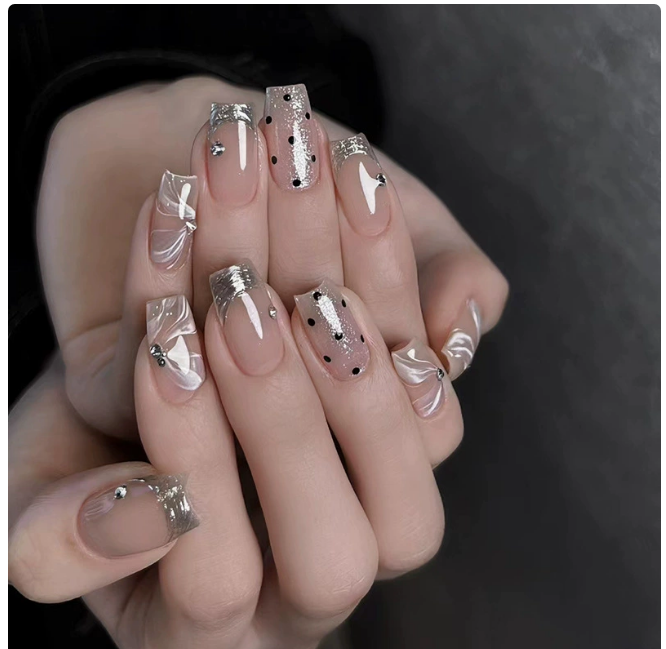 24Pcs Press on Nails Almond False Nails 3D Curves Acrylic Fake Nails with Charms Wearable Artificial Nails