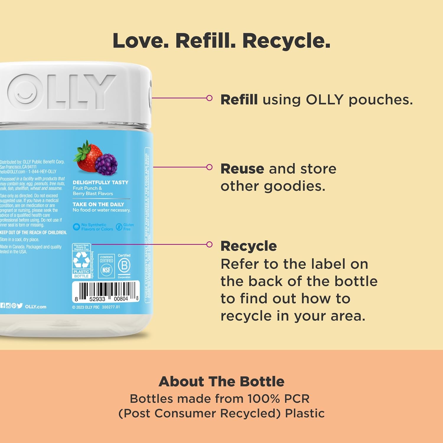 OLLY Kids Multivitamin & Probiotic Gummy, Digestive Support, Vitamins A, D, C, E, B, Zinc, Chewable Supplement, Berry Flavored, 50 Day Supply - 100 Co