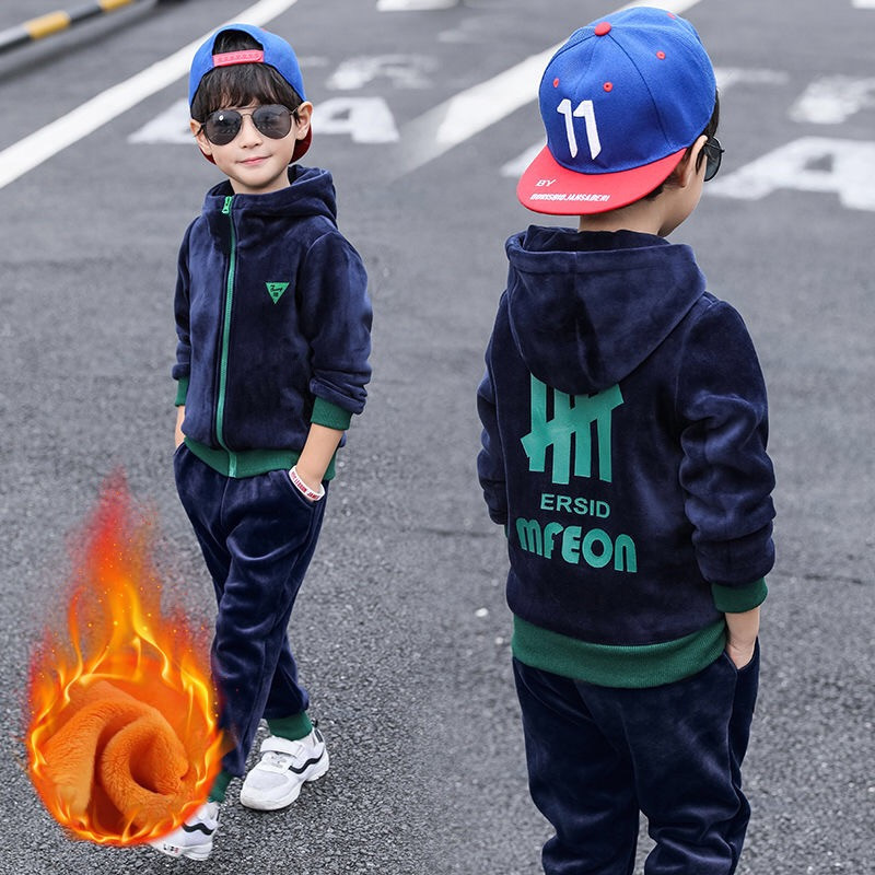 Children Clothing Set Double-sided Velvet Fashion Letter Hooded 2PCS Hoodies Coat Pants Kids Boys Tracksuit for Autumn Winter