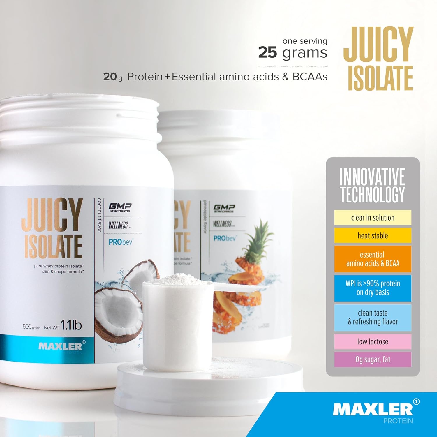 Maxler Juicy Isolate Protein Powder - Clear Whey Isolate - Low Lactose, Fat Free, Sugar Free Muscle Recovery Drink for Pre & Post Workout - Pineapple