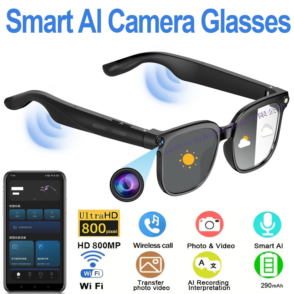 Smart Ai Camera Glasses 800mp Hd Photo Video Bluetooth Call Ai Simultaneous Interpretation Wifi 290mah Hands Free For Daily Use