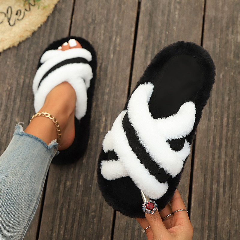 2025 New Furry Slippers Home Women's Fluffy Slides Autumn Winter Indoor Fashion EVA Light Cross Flip Flops Soft Flat Shoes Woman