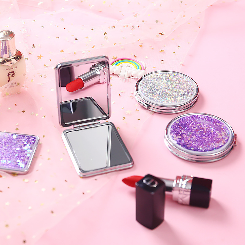 1Pc quicksand double-sided magnifying mirror cute handheld small portable foldable makeup mirror