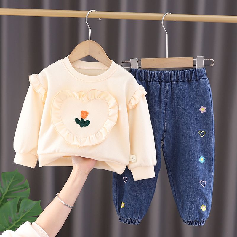 Toddler Kids Baby Girls Ruffle Tops Sweatshirt Denim Pants Jeans Outfits Children's clothing 2PCS Sweater+Jeans