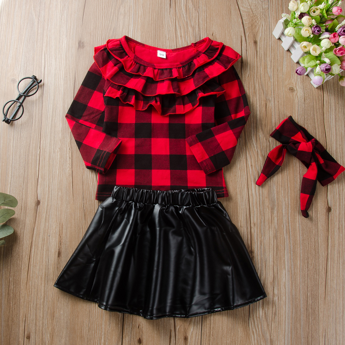 Toddler Kids Baby Girls Long Sleeve Grids Ruffle Tops+ PU Skirt+Headband Set Outfits Clothes 3PCS