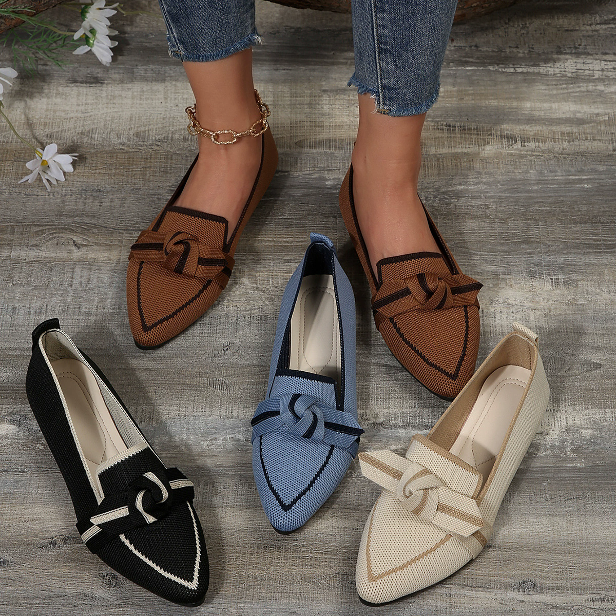 2025Skinny pointed oversized flat sole shoes for women in 2025 fashion one foot butterfly bow casual breathable color blocked