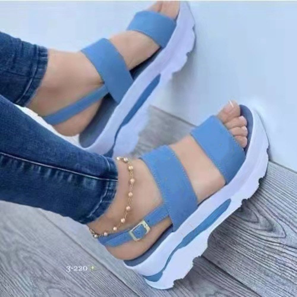 Women's Platform Open Toe Sandals Solid ColorAnkle Buckle Strap Non Slip Shoes Casual OutdoorSandals