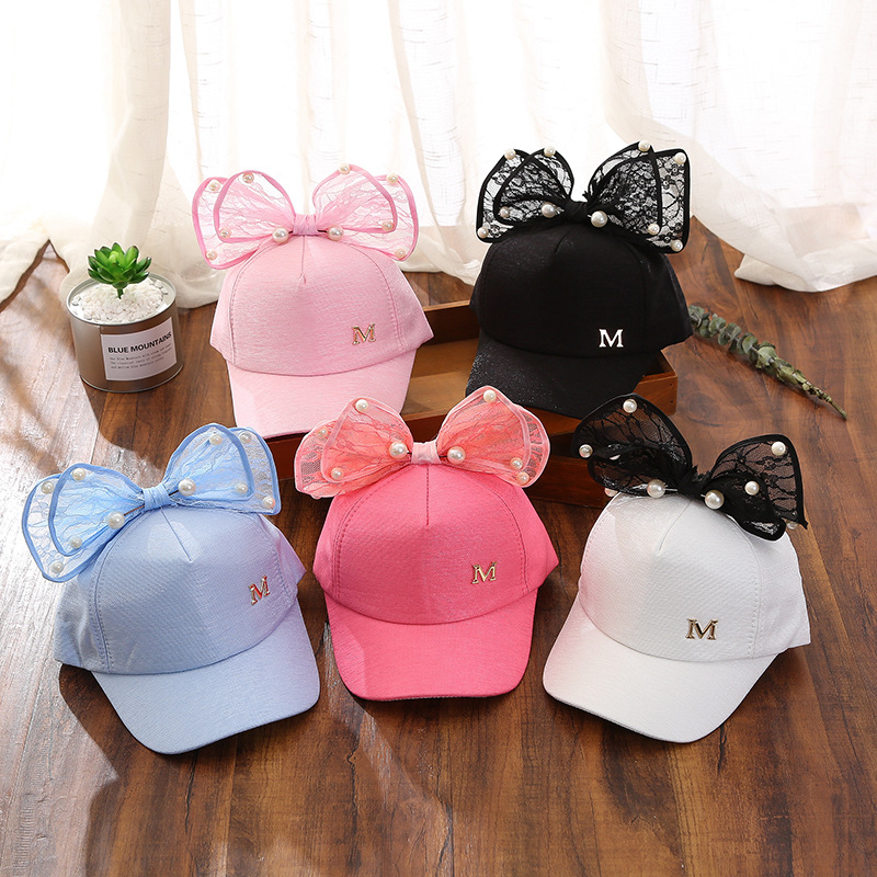Girls Hat Lace Big Bow Child Baseball Cap M Letter Pearl Cap