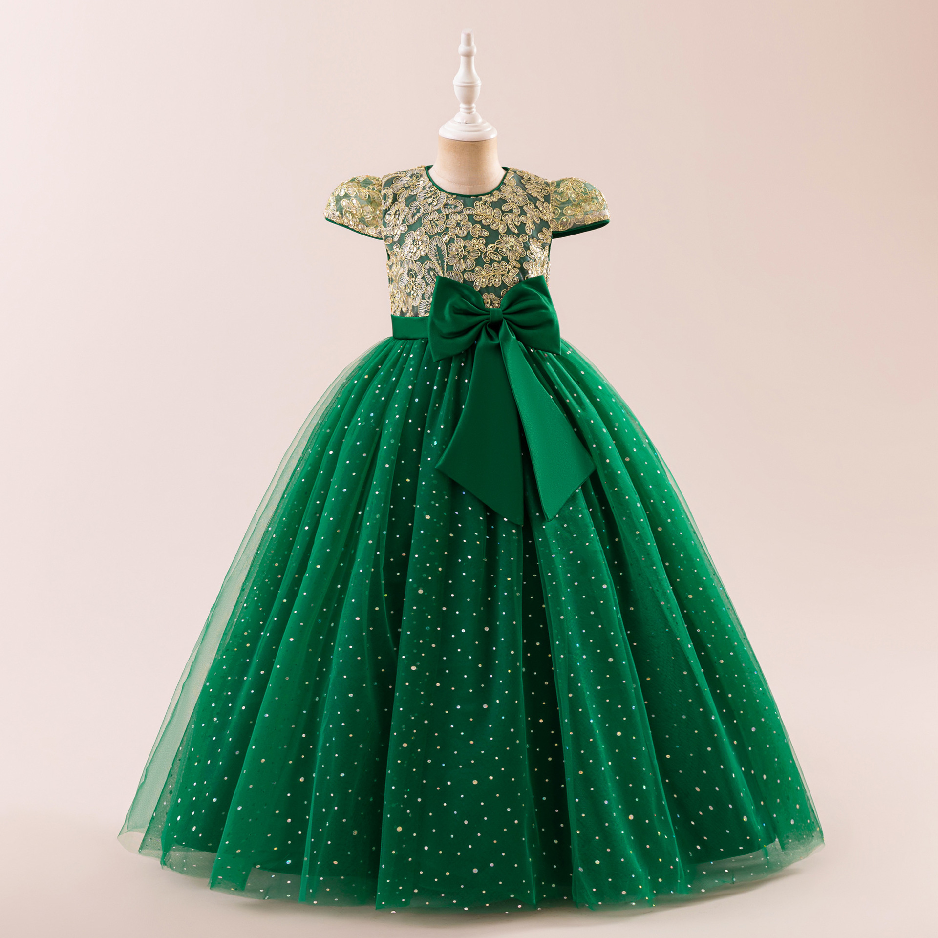 Girls' formal dress with bubble sleeves and sequined wedding dress, flower girl princess long dress