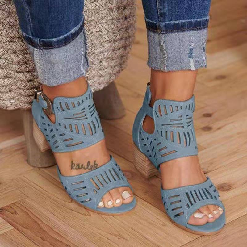 Women's open-toe thick heeled sandals with hollow ankle buckle high heels