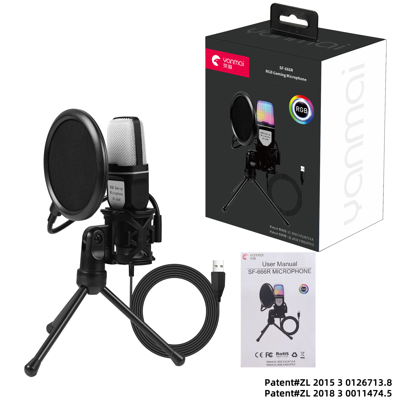 Desktop Noise Reduction Capacitive Microphone RGB Seven-color Luminous Microphone Stand Suit USB Computer Video Game Microphone