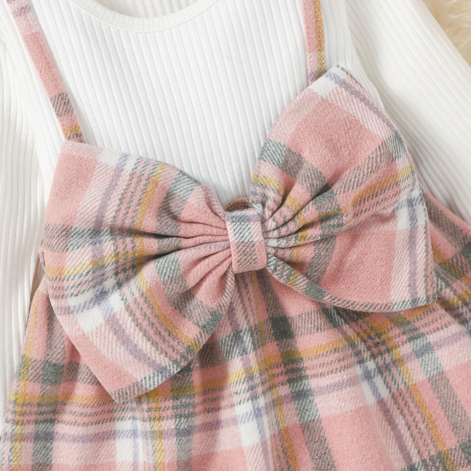 Autumn New plaid bow fake two-piece girls' dress Autumn+scarf