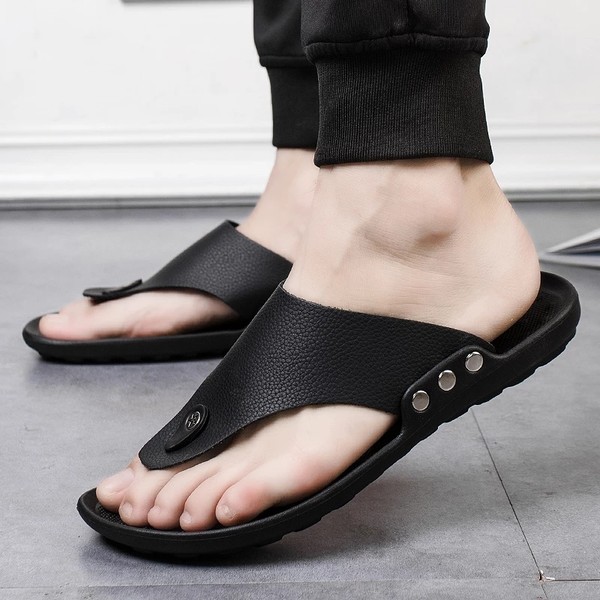 Business Slippers Men Leather Flip Flops Summer Leisure Shoes Rivet Outdoor Non-Slip Big Size Slipper Male Slides Flat Platform