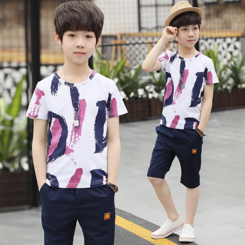 Boys suit summer cotton children's sports short-sleeved shorts two-piece suit big boy summer