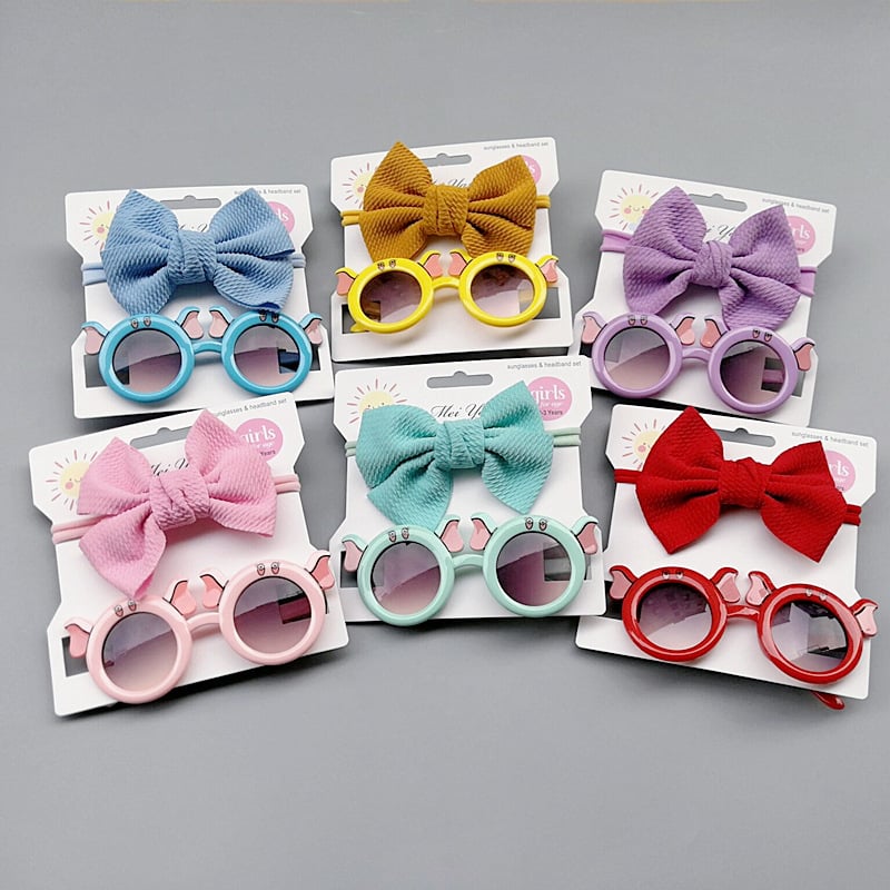 New Children's Glasses Sunglasses Cartoon Baby Sunshade Mirror Elephant Bow Solid Color Headband Combination Set