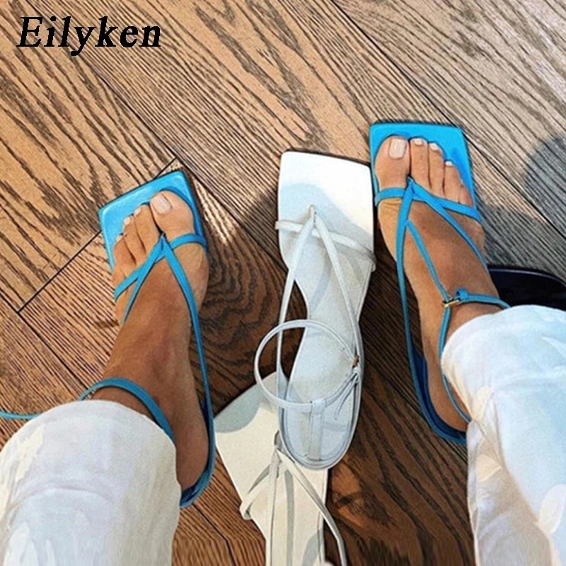 Eilyken New Fashion Pinch Narrow Band Women Sandals 2023 Summer Square Open Toe Ankle Buckle Strap High Heels Ladies Shoes