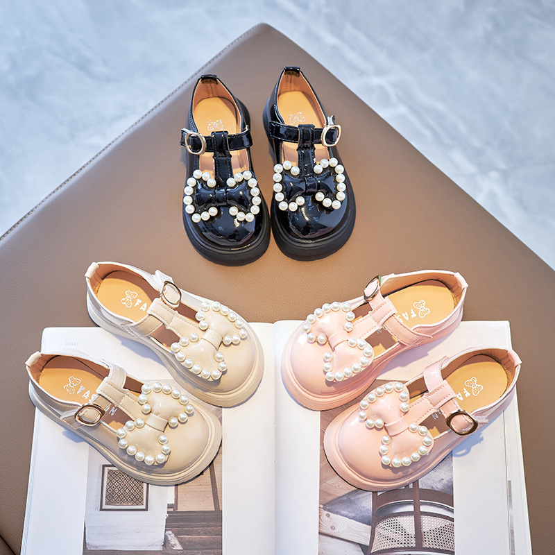 Spring Autumn Girls Leather Shoes with Bow-knot Pearls Beading Princess Sweet Cute Soft Comfortable Children Flats Kids Shoes