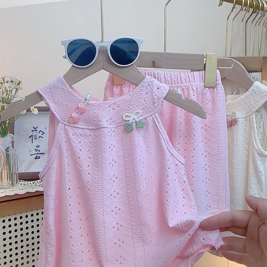 2 Kids Hollow Out Jacquard Breathable Mesh Tops Girls Camisole Skirt Pants Sets Summer New Baby Korean Ruffle Edge Vest Set