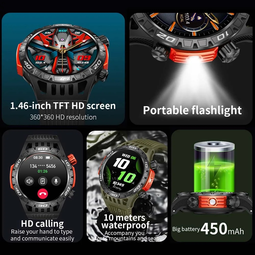 Smart Watch Men With LED Lighting Compass Sports Fitness Tracker Watch IP68 Waterproof Bluetooth Talk SmartWatch For Android IOS