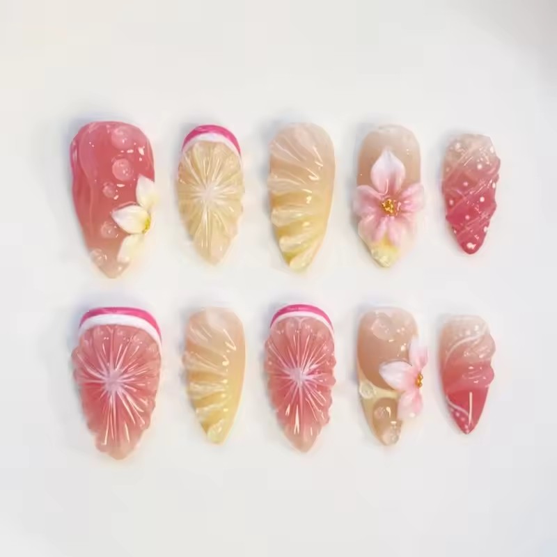 24PCS Almond Press on Nails Summer Pink 3D Flowers Shell Starfish Fake Nails for Women Blue Gradient French Beach False Nails