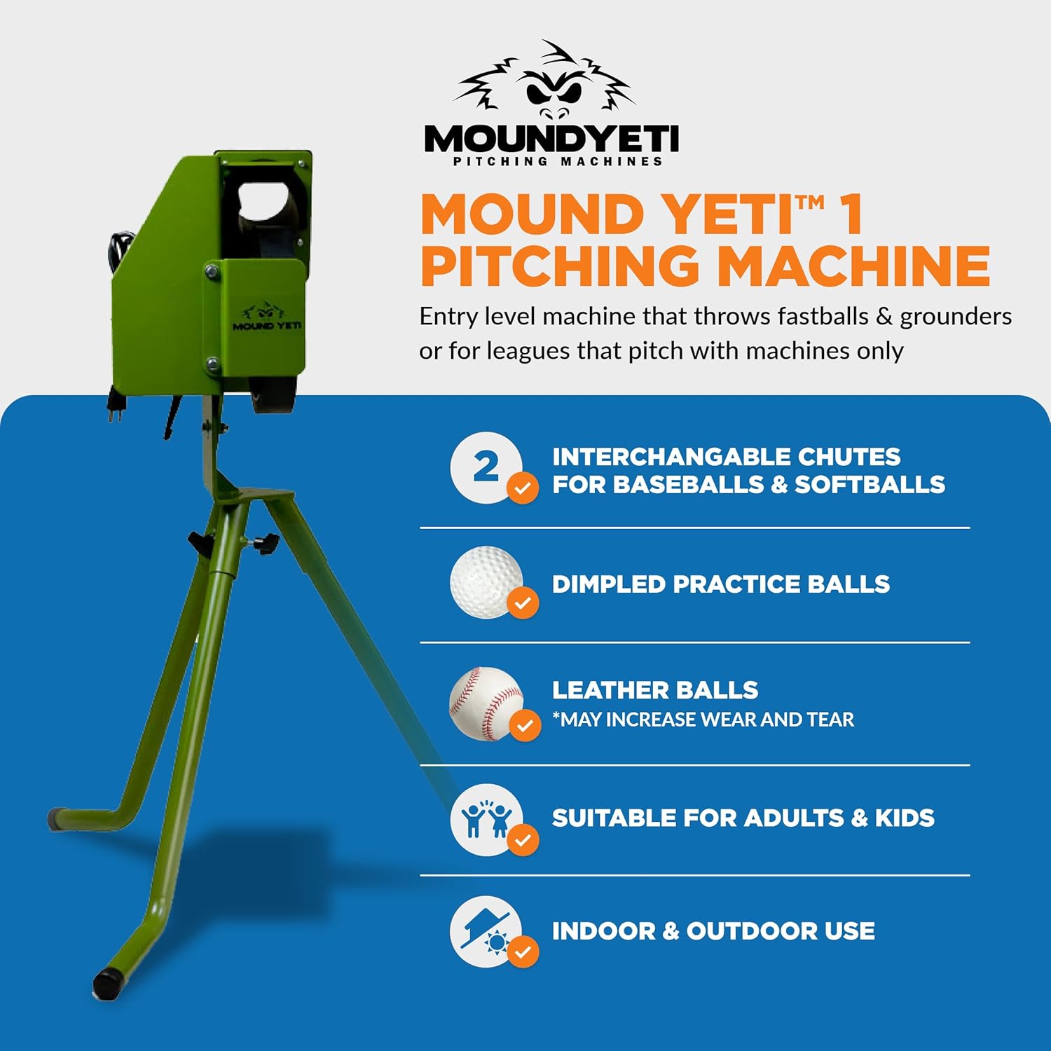 Mound Yeti Baseball Softball Pitching Machine, Youth and Adult Single Wheel Pitching Machine for Baseball and Softball, Training Equipment
