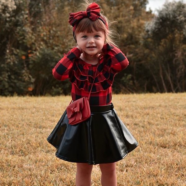 Toddler Kids Baby Girls Long Sleeve Grids Ruffle Tops+ PU Skirt+Headband Set Outfits Clothes 3PCS