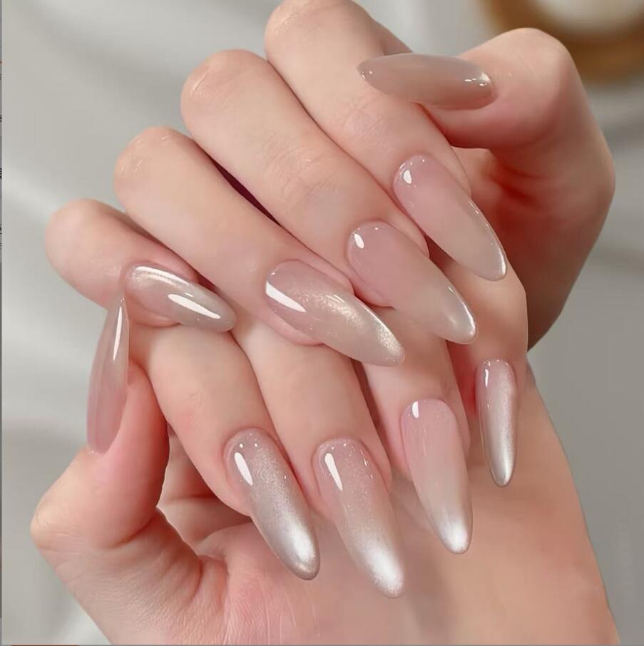 24Pcs Simple Short Almond False Nails with White Edged Designs Fake Nails Wearable Coffin French Nails Tips Press on Nail