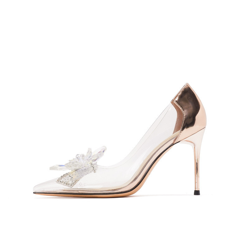 2023 Spring and Autumn New Korean Fashion Transparent Women's Thin Heel Pointed Rhinestone High Heels