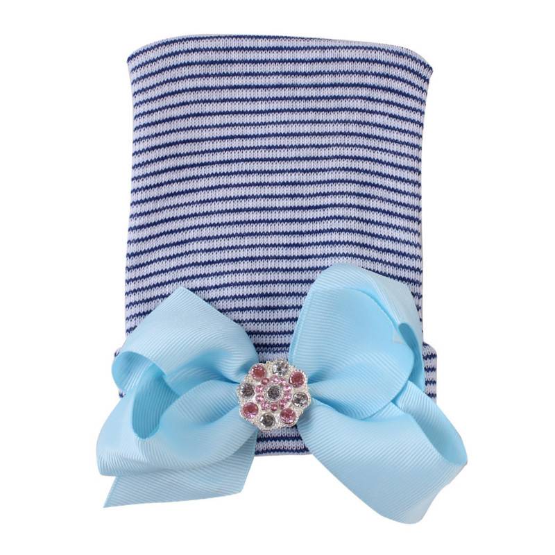 Big bow tie shiny diamond Pink Stripe girl baby knitting hat newborn baby Pullover hat