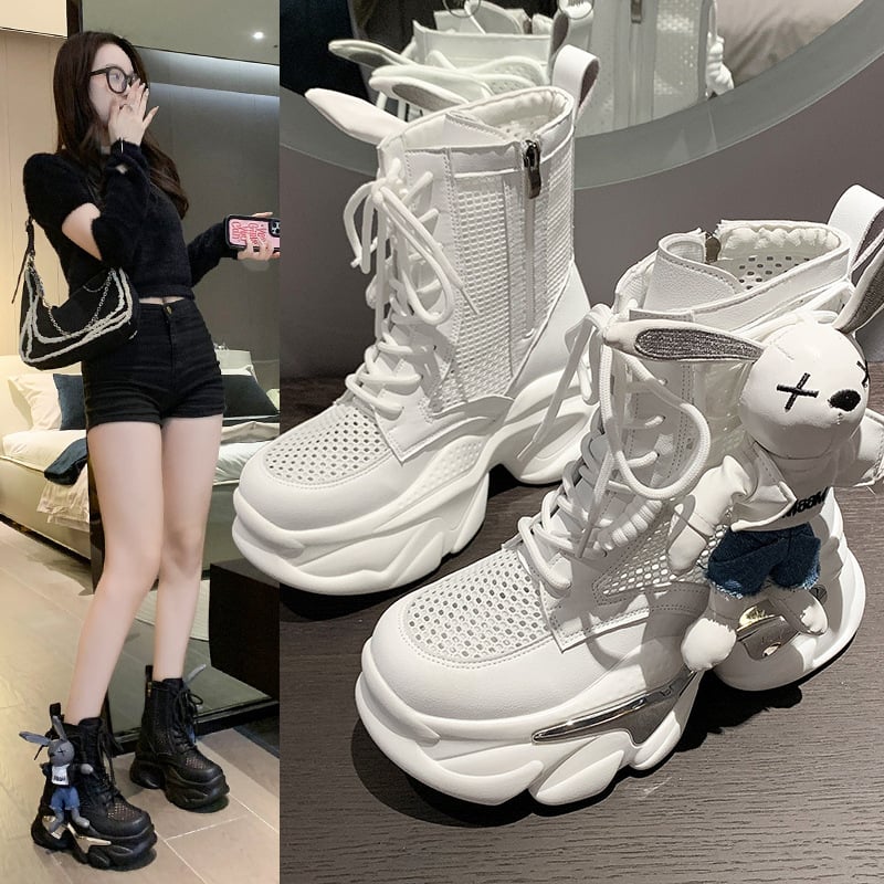 Women's Mesh Casual Shoes 2023 Spring New High Top Rabbit Women's Shoes Hollow Side Zipper Thick Sole Martin Boots for Women